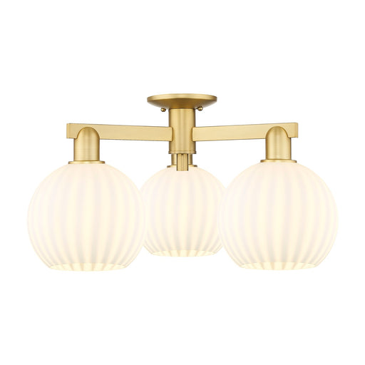 Innovations Lighting Arcadia 25.5in 3-Light Semi-Flush Mount | Industrial Satin Gold Steel and White Venetian Glass | Living | Model 716-3F-SG-G1217-8WV