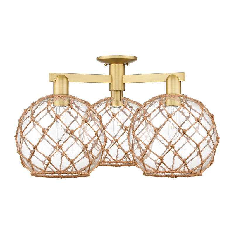 Innovations Farmhouse Rope 28in 3-Light Semi-Flush Mount | Industrial Satin Gold Steel and Clear Glass with Brown Rope | Model 716-3F-SG-G122-10RB