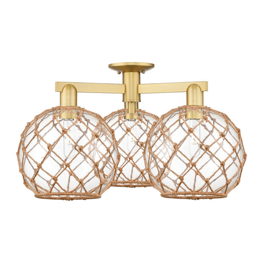 Innovations Farmhouse Rope 28in 3-Light Semi-Flush Mount | Industrial Satin Gold Steel and Clear Glass with Brown Rope | Model 716-3F-SG-G122-10RB