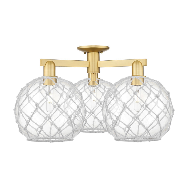 Innovations Farmhouse Rope 28in 3-Light Semi-Flush Mount | Industrial Satin Gold Steel and Clear Glass with White Rope Shade | Model 716-3F-SG-G122-10RW