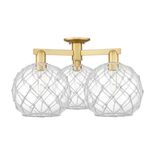 Innovations Farmhouse Rope 28in 3-Light Semi-Flush Mount | Industrial Satin Gold Steel and Clear Glass with White Rope Shade | Model 716-3F-SG-G122-10RW