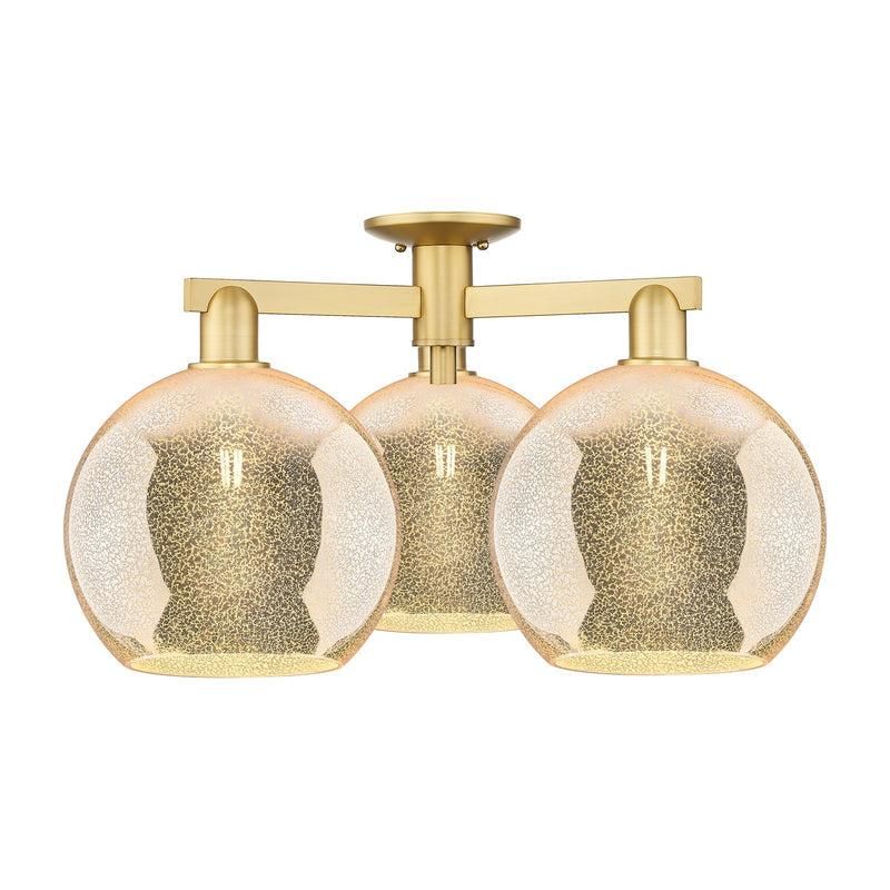 Innovations Athens 28in 3-Light Semi-Flush Mount | Industrial Satin Gold Steel and Mercury Glass | Living Room & Entryway Damp | Model 716-3F-SG-G128-10