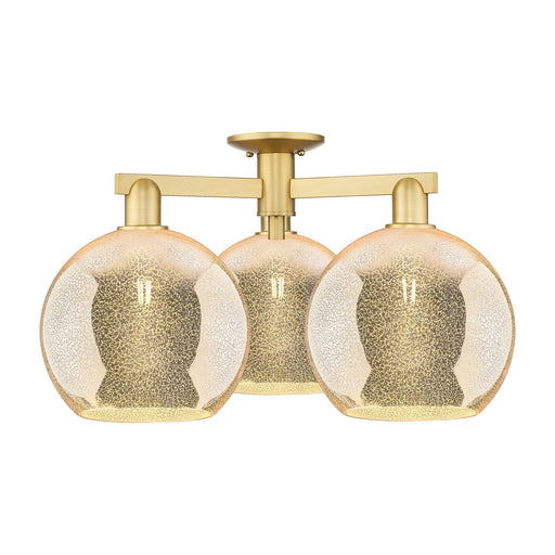 Innovations Athens 28in 3-Light Semi-Flush Mount | Industrial Satin Gold Steel and Mercury Glass | Living Room & Entryway Damp | Model 716-3F-SG-G128-10