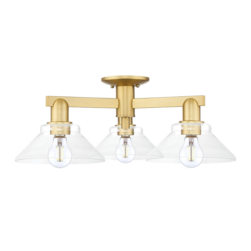 Innovations Orwell 26in 3-Light Semi-Flush Mount | Industrial Satin Gold Steel and Cast Brass with Clear Glass Shades | Entryway & | Model 716-3F-SG-G132