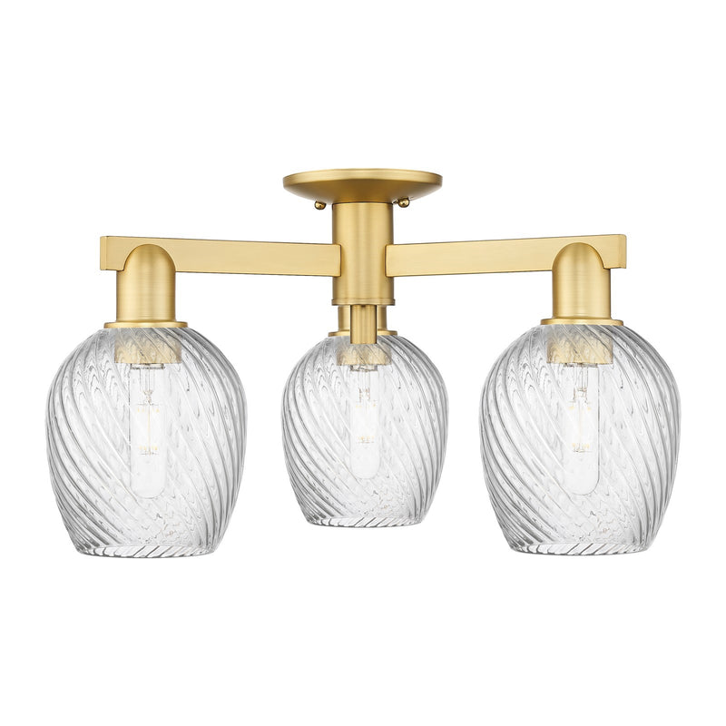 Innovations Salina 23in 3-Light Semi-Flush Mount | Industrial Satin Gold Steel and Clear Spiral Fluted Glass | Entryway & Hallway | Model 716-3F-SG-G292