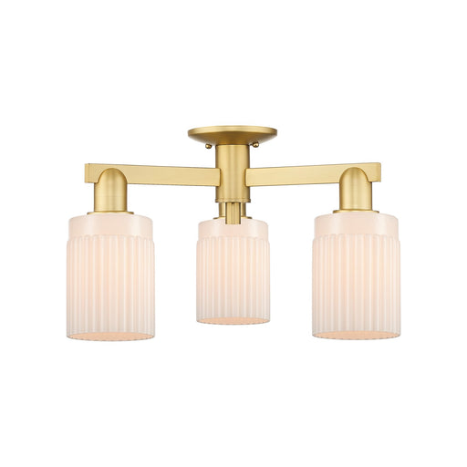 Innovations Hadley 22in 3-Light Semi-Flush Mount | Industrial Satin Gold Steel and Matte White Glass | Damp-Rated Entryway & | Model 716-3F-SG-G341