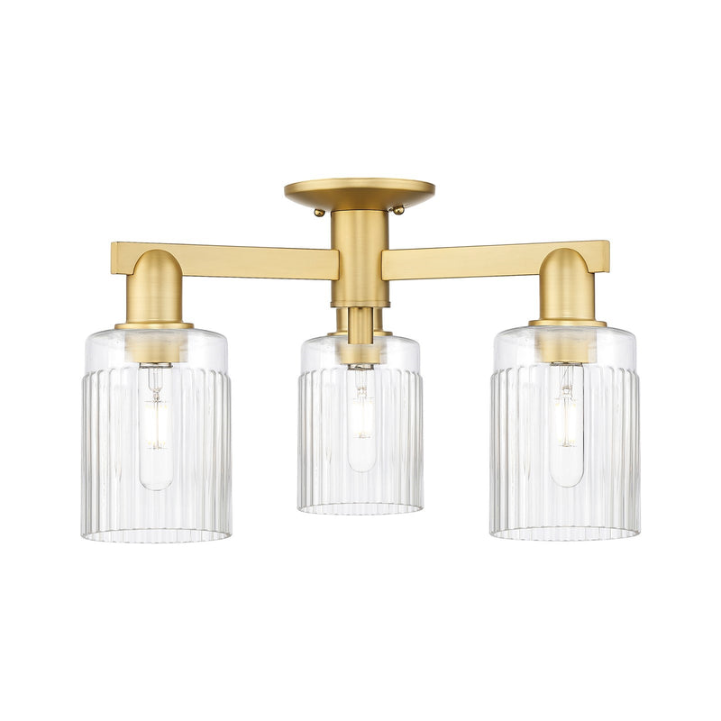 Innovations Hadley 22in 3-Light Semi-Flush Mount | Industrial Satin Gold Steel and Clear Ribbed Glass | Entryway & Hallway | 22 x | Model 716-3F-SG-G342