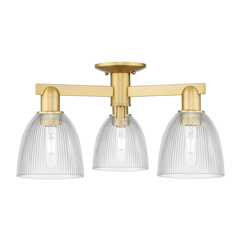 Innovations Castile 24in 3-Light Semi-Flush Mount | Industrial Satin Gold Steel and Cast Brass with Clear Glass Dome Shades | Model 716-3F-SG-G382