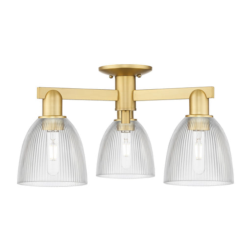 Innovations Castile 24in 3-Light Semi-Flush Mount | Industrial Satin Gold Steel and Cast Brass with Clear Glass Dome Shades | Model 716-3F-SG-G382