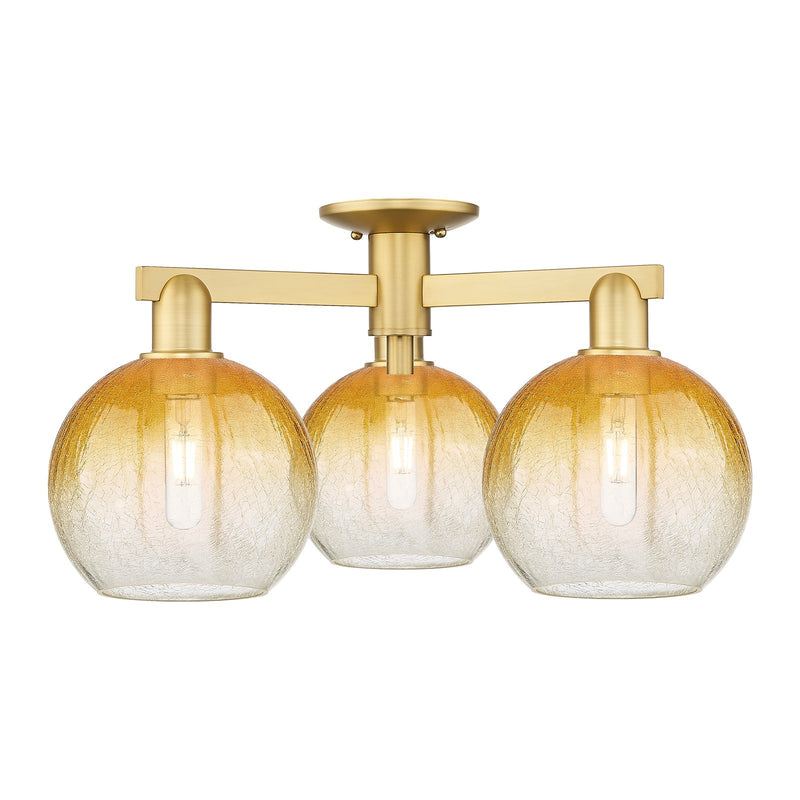 Innovations Brookhaven Globe 26in 3-Light Semi-Flush Mount | Industrial Satin Gold Steel and Amber Glass | Entryway & Hallway | Model 716-3F-SG-G483-8AM