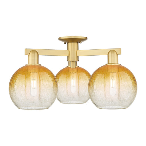 Innovations Brookhaven Globe 26in 3-Light Semi-Flush Mount | Industrial Satin Gold Steel and Amber Glass | Entryway & Hallway | Model 716-3F-SG-G483-8AM