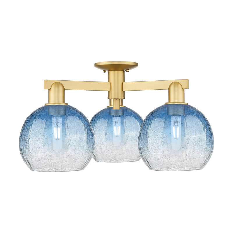 Innovations Brookhaven Globe 25.5in 3-Light Semi-Flush Mount | Industrial Satin Gold Steel and Sapphire Blue Glass | Entryway & | Model 716-3F-SG-G483-8SB