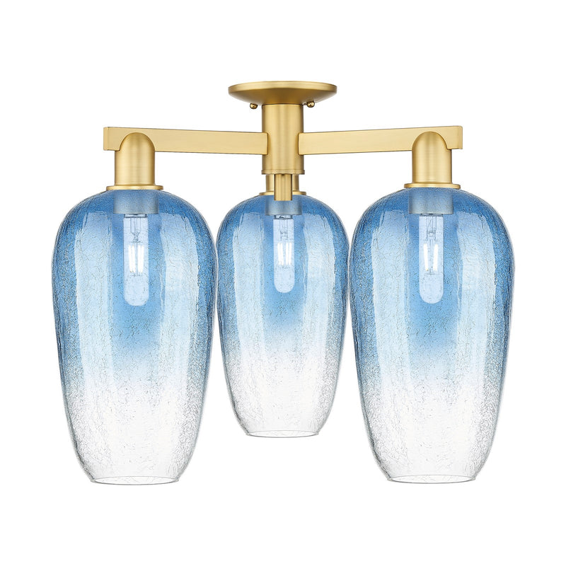 Innovations Brookhaven Flute 24.5in 3-Light Semi-Flush Mount | Industrial Satin Gold Steel and Sapphire Blue Glass | Entryway & | Model 716-3F-SG-G484-7SB