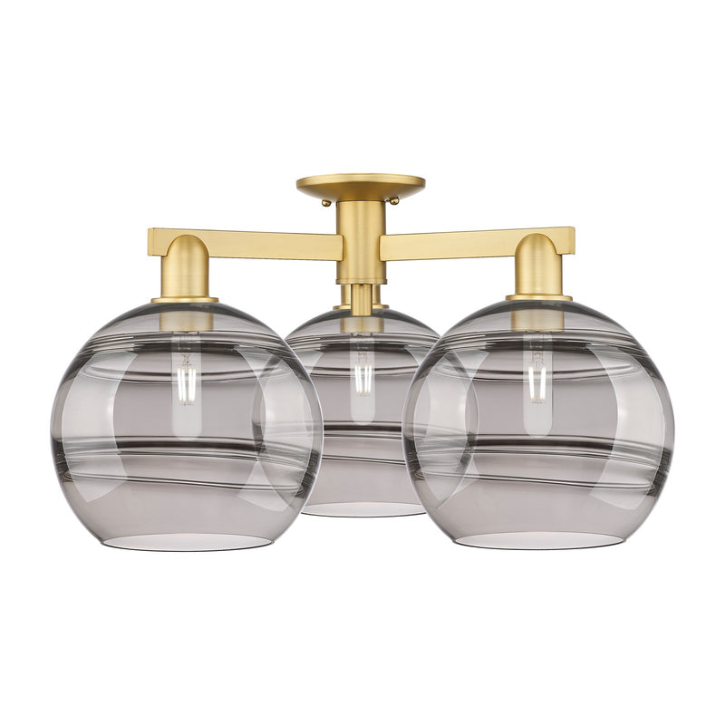 Innovations Rochester 28in 3-Light Semi-Flush Mount | Industrial Satin Gold Steel and Cast Brass with Light Smoke Glass | Model 716-3F-SG-G556-10SM