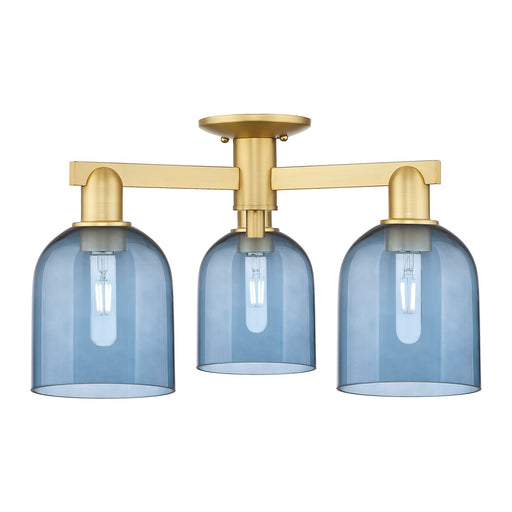 Innovations Bella 23in 3-Light Semi-Flush Mount | Industrial Satin Gold Steel and Blue Glass | Entryway & Hallway | 23 x 23 x | Model 716-3F-SG-G558-6BL