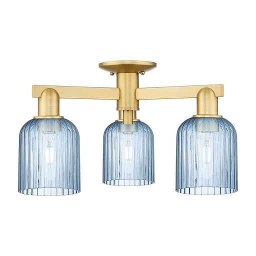 Innovations Bridal Veil 22.5in 3-Light Semi-Flush Mount | Industrial Satin Gold Steel and Princess Blue Ribbed Glass | Entryway | Model 716-3F-SG-G559-5BL