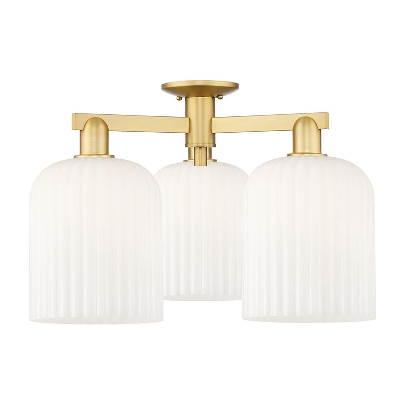 Innovations Bridal Veil 26in 3-Light Semi-Flush Mount | Industrial Satin Gold Steel and Gloss White Ribbed Glass | Entryway & | Model 716-3F-SG-G559-8GWH