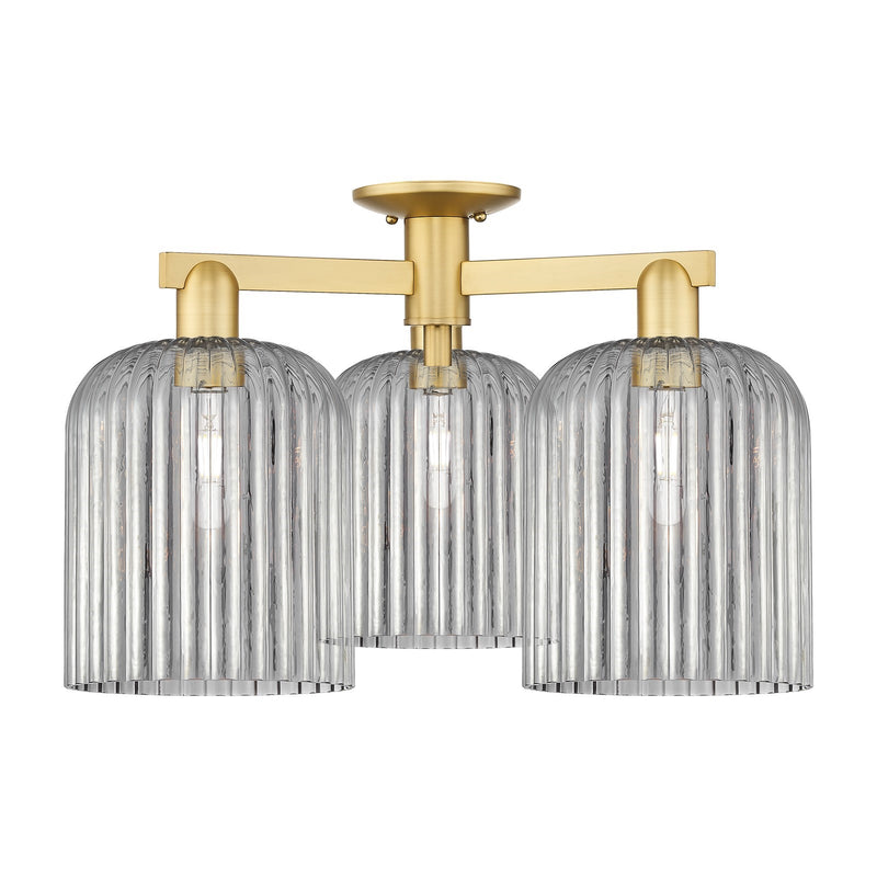 Innovations Bridal Veil 26in 3-Light Semi-Flush Mount | Industrial Satin Gold Steel and Light Smoke Ribbed Glass | Living Room | Model 716-3F-SG-G559-8SM