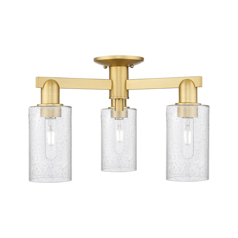 Innovations Clymer 21in 3-Light Semi-Flush Mount | Industrial Satin Gold Steel and Cast Brass with Seedy Glass Shade | Entryway & | Model 716-3F-SG-G804