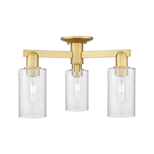Innovations Clymer 21in 3-Light Semi-Flush Mount | Industrial Satin Gold Steel and Cast Brass with Seedy Glass Shade | Entryway & | Model 716-3F-SG-G804