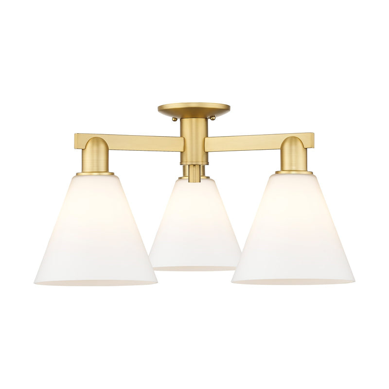 Innovations Berkshire Glass 26in 3-Light Semi-Flush Mount | Industrial Satin Gold Steel and Matte White Glass | Damp-Rated | Model 716-3F-SG-GBC-81