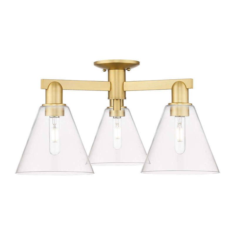 Innovations Berkshire Glass 25.5in 3-Light Semi-Flush Mount | Industrial Satin Gold Steel and Clear Cone Glass | Entryway & | Model 716-3F-SG-GBC-82