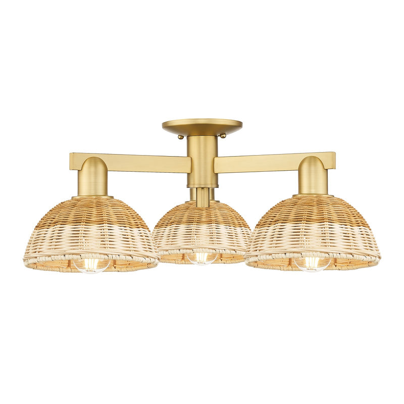 Innovations Natural Ballston Dome 25in 3-Light Semi-Flush Mount | Farmhouse Satin Gold Steel and Natural Fiber Basketweave | Model 716-3F-SG-NBD2-75-NAT