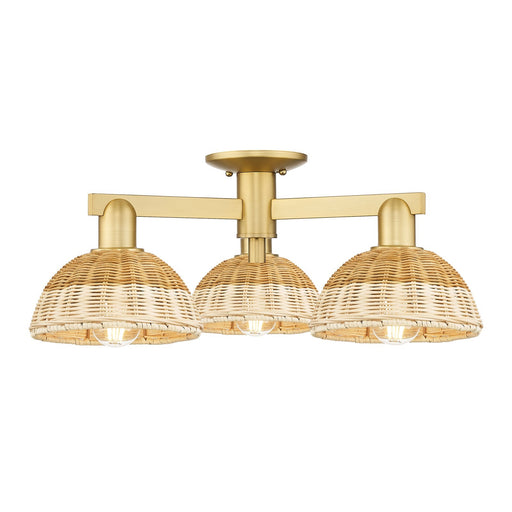 Innovations Natural Ballston Dome 25in 3-Light Semi-Flush Mount | Farmhouse Satin Gold Steel and Natural Fiber Basketweave | Model 716-3F-SG-NBD2-75-NAT