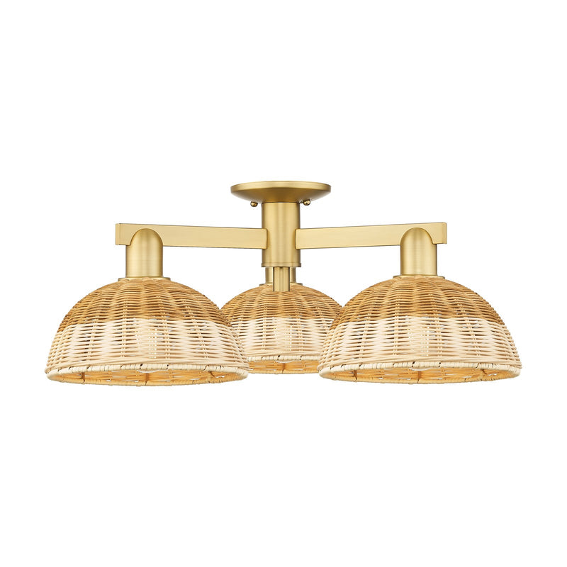 Innovations Lighting Bristol Natural II 27in 3-Light Semi-Flush Mount | Industrial Satin Gold Steel and Natural Fiber Shade | Model 716-3F-SG-NBD2-9-NAT