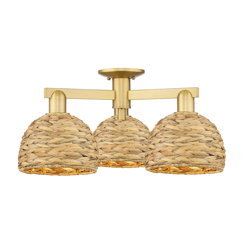 Innovations Woven Rattan 26in 3-Light Semi-Flush Mount | Industrial Satin Gold Steel and Natural Fiber Dome Shade | Living | Model 716-3F-SG-RBD-8-NAT