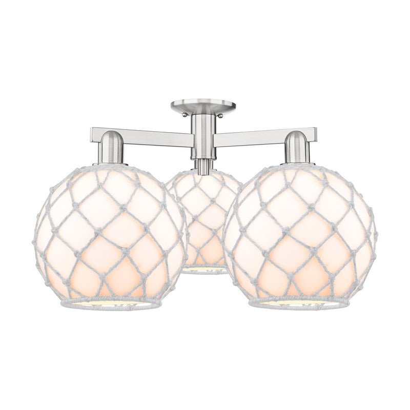 Innovations Farmhouse Rope 28in 3-Light Semi-Flush Mount | Industrial Brushed Satin Nickel and White Glass with Rope | Kitchen | Model 716-3F-SN-G121-10RW