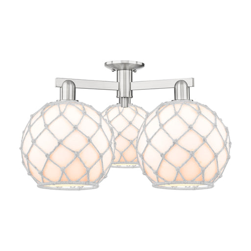 Innovations Farmhouse Rope 28in 3-Light Semi-Flush Mount | Industrial Brushed Satin Nickel and White Glass with Rope | Kitchen | Model 716-3F-SN-G121-10RW