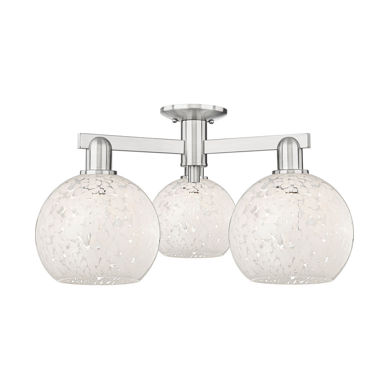 Innovations White Mouchette 26in 3-Light Semi-Flush Mount | Industrial Brushed Satin Nickel and White Mouchette Glass | Model 716-3F-SN-G1216-8WM