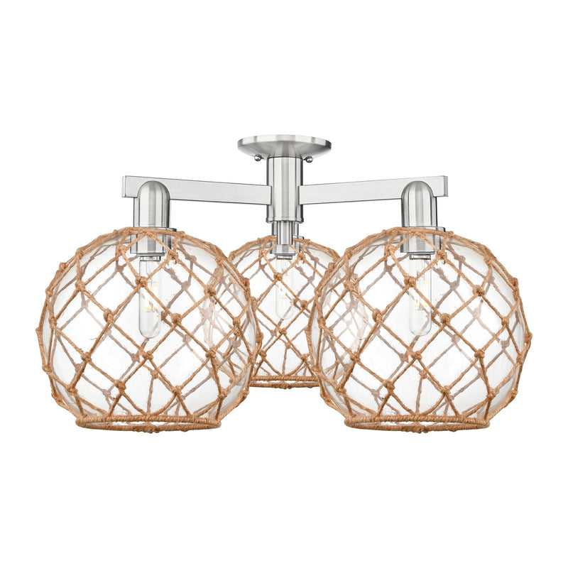 Innovations Farmhouse Rope 28in 3-Light Semi-Flush Mount | Industrial Brushed Satin Nickel Steel and Clear Glass with Brown | Model 716-3F-SN-G122-10RB