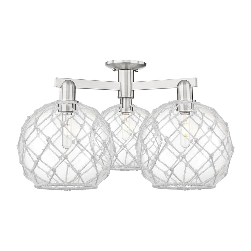 Innovations Farmhouse Rope 28in 3-Light Semi-Flush Mount | Industrial Brushed Satin Nickel and Clear Glass with White Rope | Model 716-3F-SN-G122-10RW