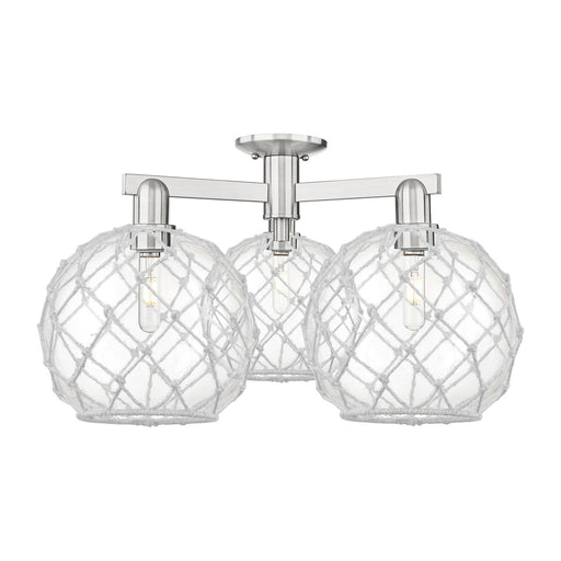 Innovations Farmhouse Rope 28in 3-Light Semi-Flush Mount | Industrial Brushed Satin Nickel and Clear Glass with White Rope | Model 716-3F-SN-G122-10RW