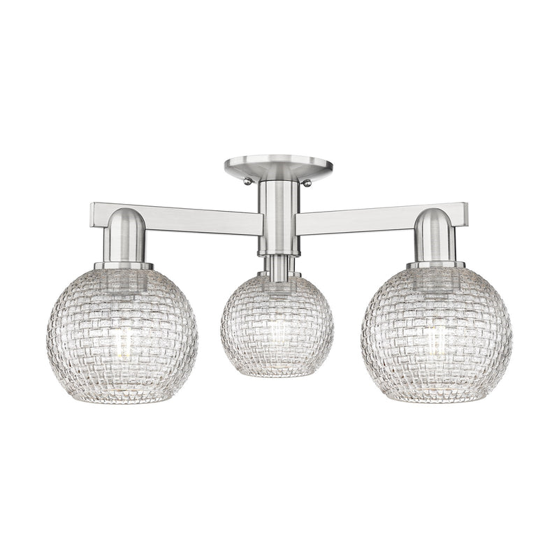Innovations Athens 23in 3-Light Semi-Flush Mount | Industrial Brushed Satin Nickel and Clear Basket Weave Glass | Entryway & | Model 716-3F-SN-G122C-6CL