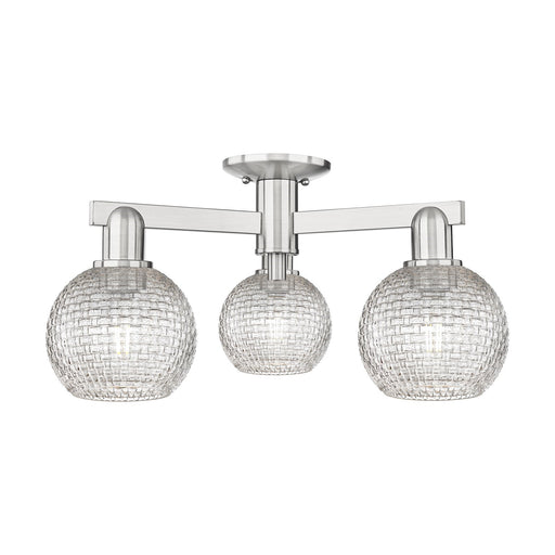 Innovations Athens 23in 3-Light Semi-Flush Mount | Industrial Brushed Satin Nickel and Clear Basket Weave Glass | Entryway & | Model 716-3F-SN-G122C-6CL