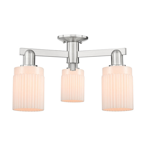 Innovations Hadley 22in 3-Light Semi-Flush Mount | Industrial Brushed Satin Nickel and Matte White Ribbed Glass | Kitchen & Hallway | Model 716-3F-SN-G341