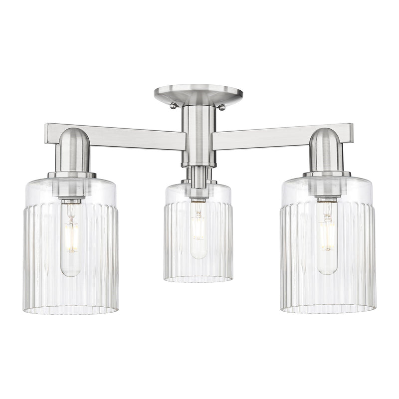 Innovations Hadley 22in 3-Light Semi-Flush Mount | Industrial Brushed Satin Nickel Steel and Clear Ribbed Glass | Kitchen & Hallway | Model 716-3F-SN-G342