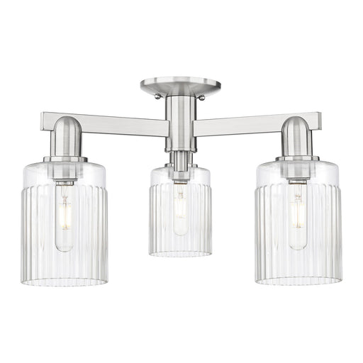 Innovations Hadley 22in 3-Light Semi-Flush Mount | Industrial Brushed Satin Nickel Steel and Clear Ribbed Glass | Kitchen & Hallway | Model 716-3F-SN-G342