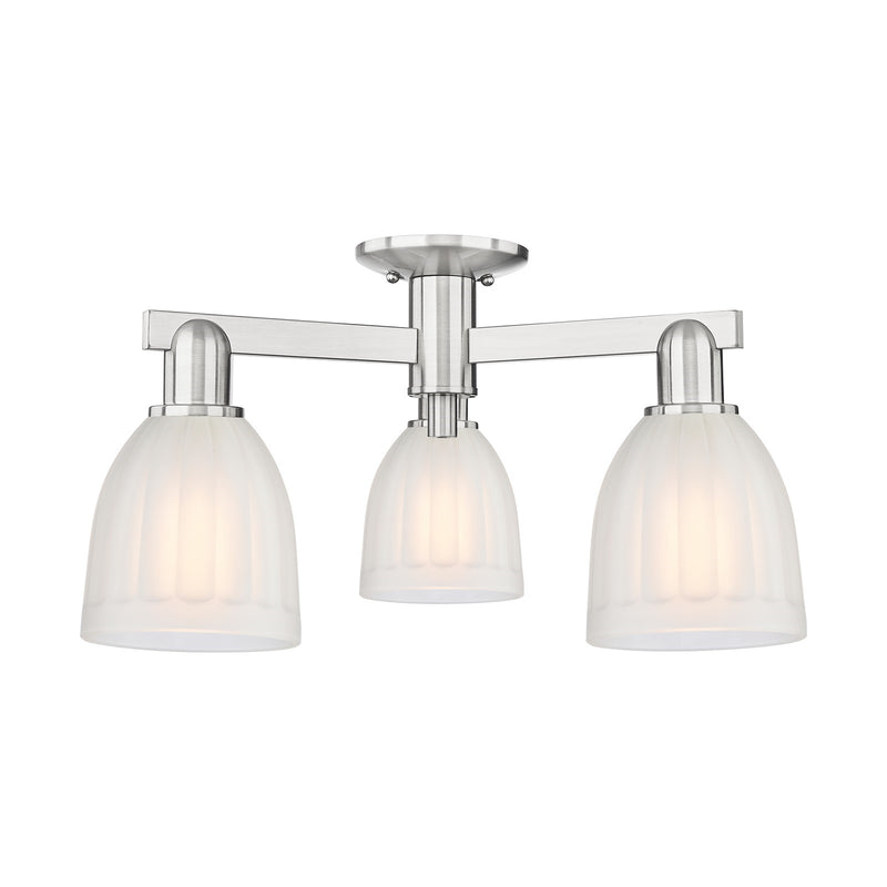 Innovations Brookfield 23in 3-Light Semi-Flush Mount | Industrial Brushed Satin Nickel and White Frosted Ribbed Glass | Living Room | Model 716-3F-SN-G441