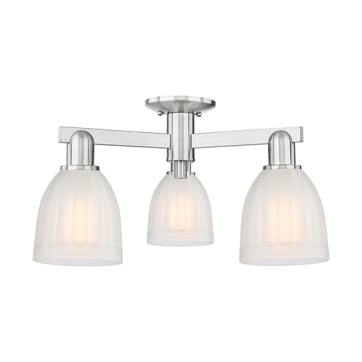 Innovations Brookfield 23in 3-Light Semi-Flush Mount | Industrial Brushed Satin Nickel and White Frosted Ribbed Glass | Living Room | Model 716-3F-SN-G441