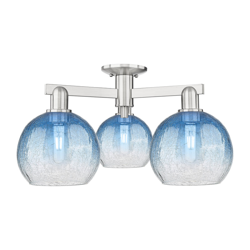 Innovations Brookhaven Globe 25.5in 3-Light Semi-Flush Mount | Industrial Brushed Satin Nickel and Sapphire Blue Glass | Living | Model 716-3F-SN-G483-8SB