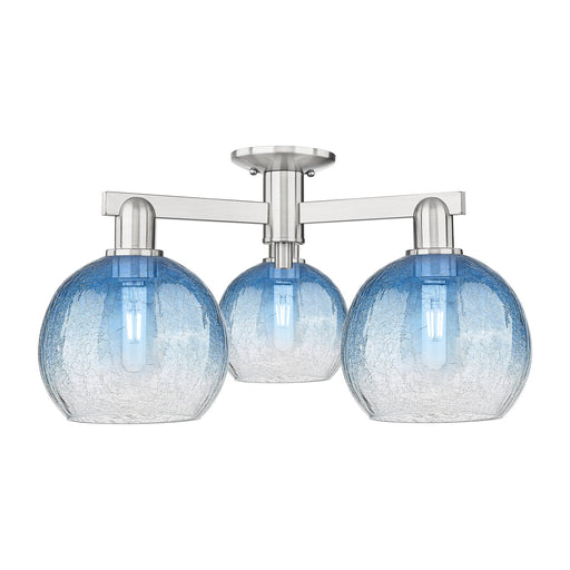 Innovations Brookhaven Globe 25.5in 3-Light Semi-Flush Mount | Industrial Brushed Satin Nickel and Sapphire Blue Glass | Living | Model 716-3F-SN-G483-8SB