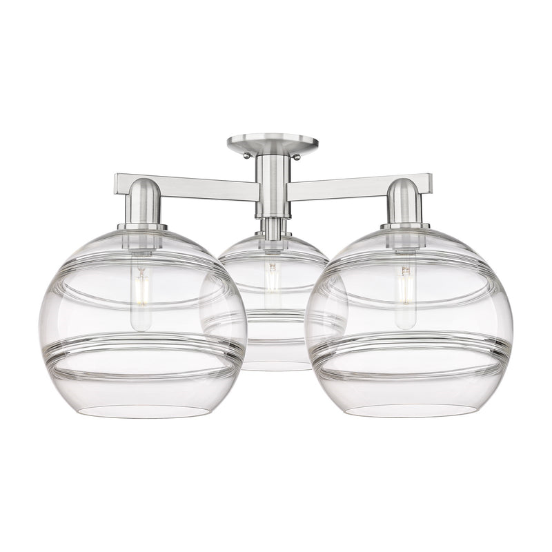 Innovations Rochester 28in 3-Light Semi-Flush Mount | Industrial Brushed Satin Nickel and Clear Glass | Entryway & Hallway | Model 716-3F-SN-G556-10CL