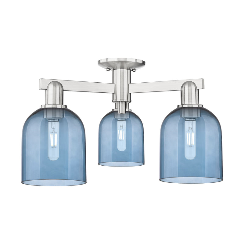 Innovations Bella 23in 3-Light Semi-Flush Mount | Industrial Brushed Satin Nickel and Blue Glass | Kitchen & Hallway | 23 x 11 | Model 716-3F-SN-G558-6BL