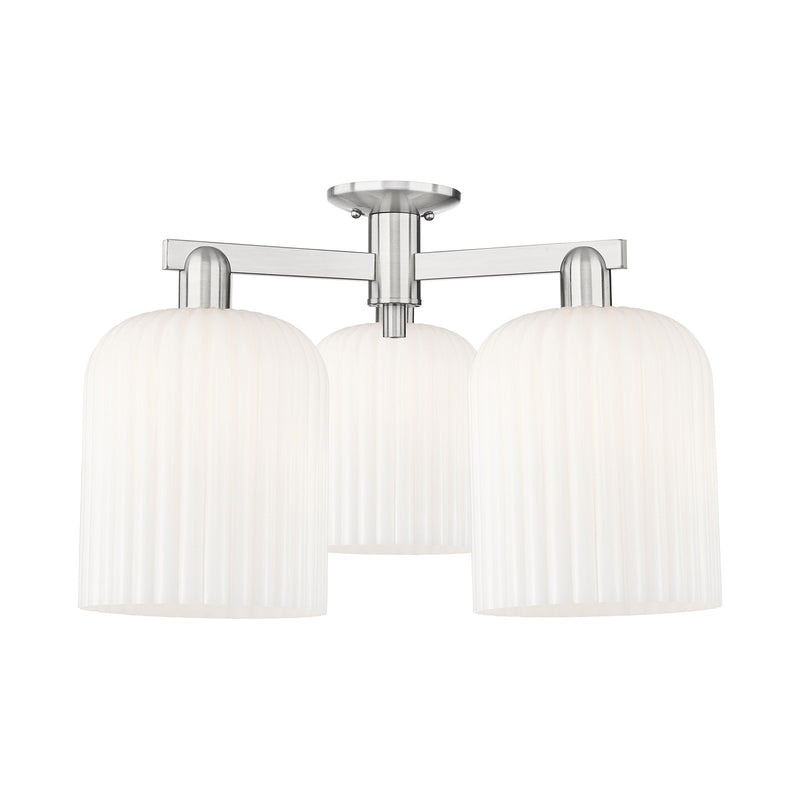 Innovations Bridal Veil 26in 3-Light Semi-Flush Mount | Industrial Brushed Satin Nickel and Gloss White Ribbed Glass | Model 716-3F-SN-G559-8GWH