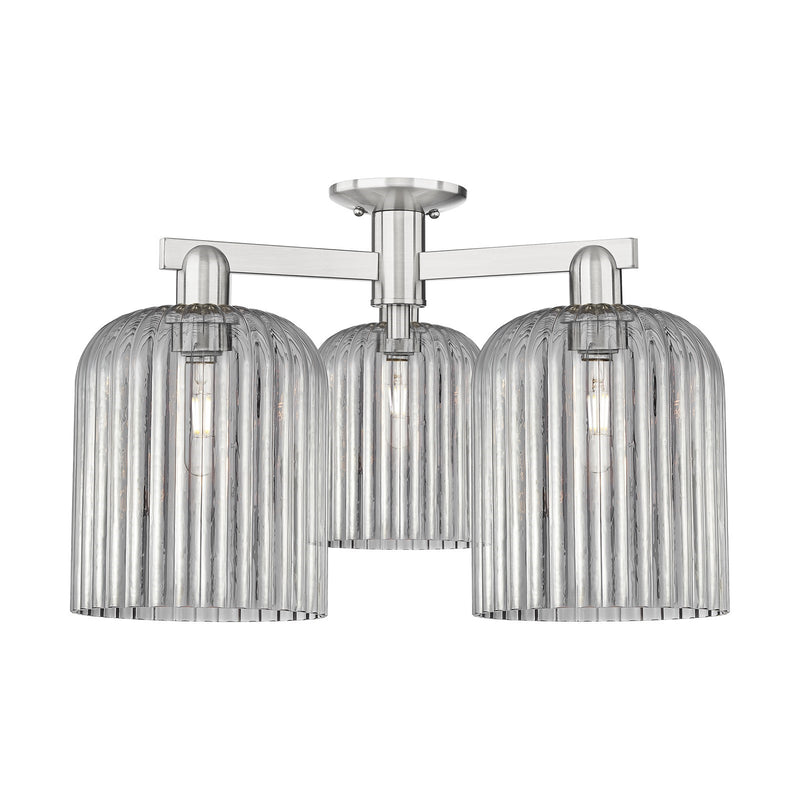 Innovations Bridal Veil 26in 3-Light Semi-Flush Mount | Industrial Brushed Satin Nickel and Light Smoke Ribbed Glass | Living | Model 716-3F-SN-G559-8SM