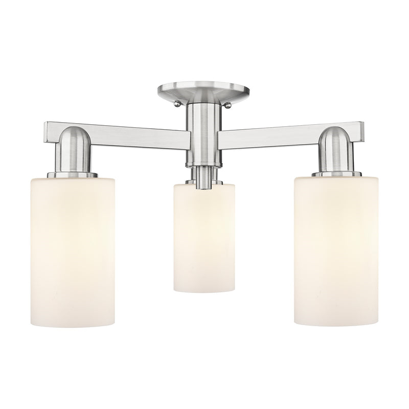 Innovations Clymer 21in 3-Light Semi-Flush Mount | Industrial Brushed Satin Nickel and Matte White Glass | Kitchen & Hallway | Model 716-3F-SN-G801